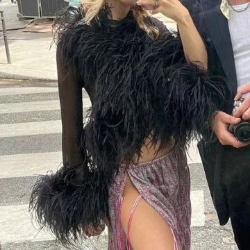 Night Dress Mesh 10ply Ostrich Feather Shirt Outer Jacket Tops