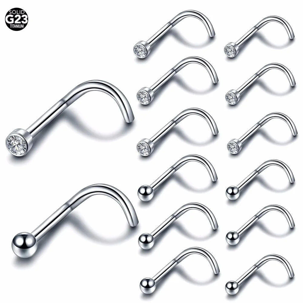 G23 Titanium Gold Plated Nose Studs & Screw Piercing Crystal CZ Flat Nostril Earrings with Claw Setting 20G 18G