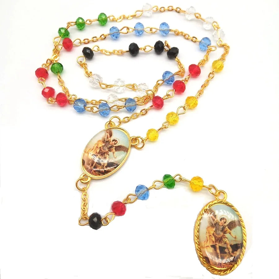 Light Blue  4*6 mm Glass Faceted Beads  Catholic Necklace Rosary with Saint Michael Chaplet Angel