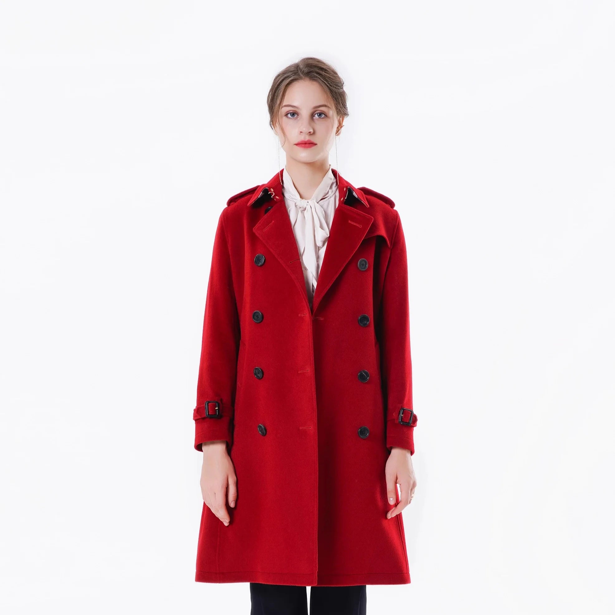 2023 Bosha Women'S High Quality Red  Trench Coat Casual Long Wool Overcoat With Double Breasted Closure and Buttons