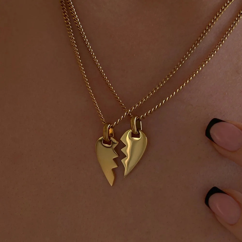 Best Selling 18K Gold Plated Stainless Steel  Split Broken Heart Couple Necklace Pieced Collarbone Chain