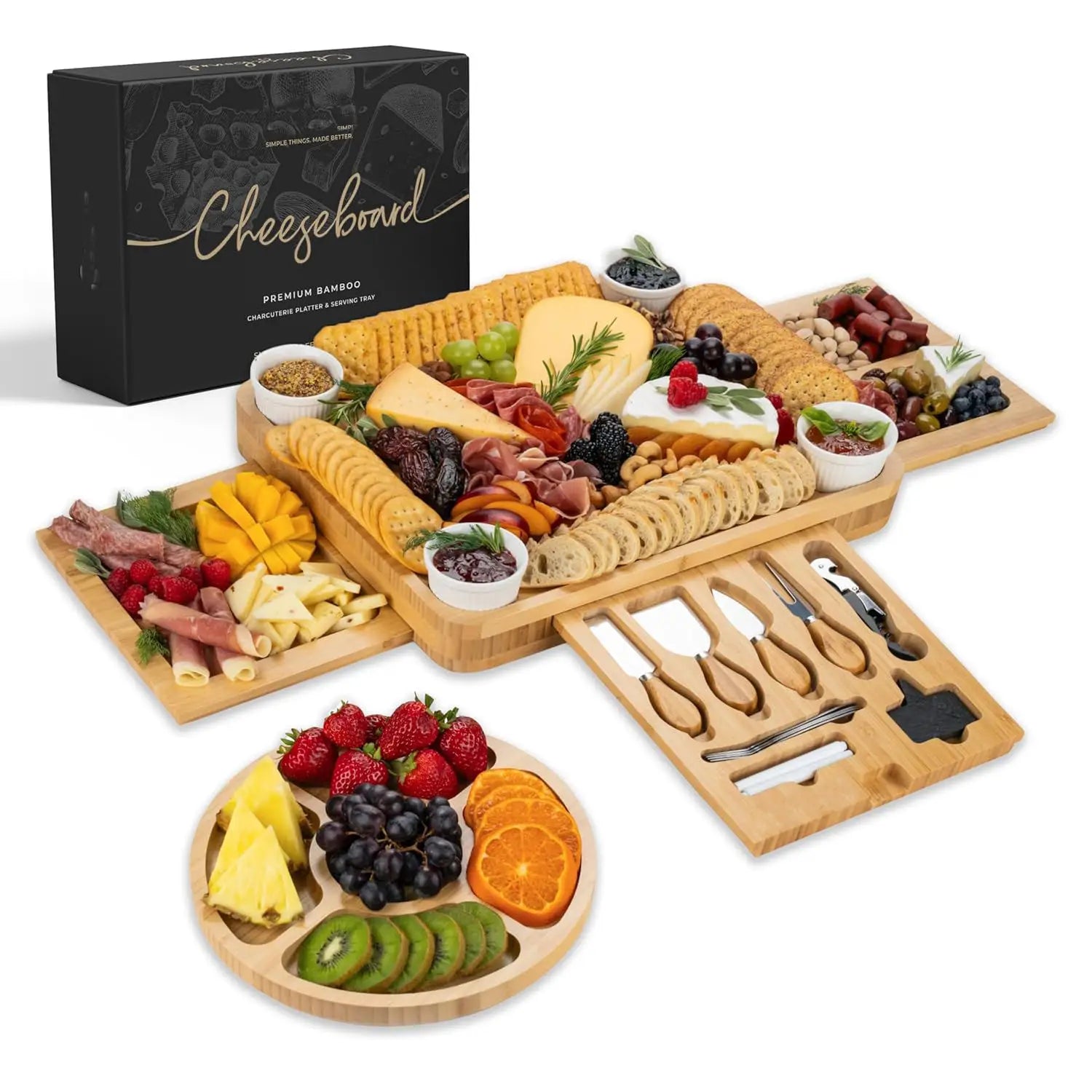DDP Available Bamboo Cheese Board Hot Selling  OEM/ODM Large Charcuterie Platter Kitchen Natural Chopping Board With Knife Set