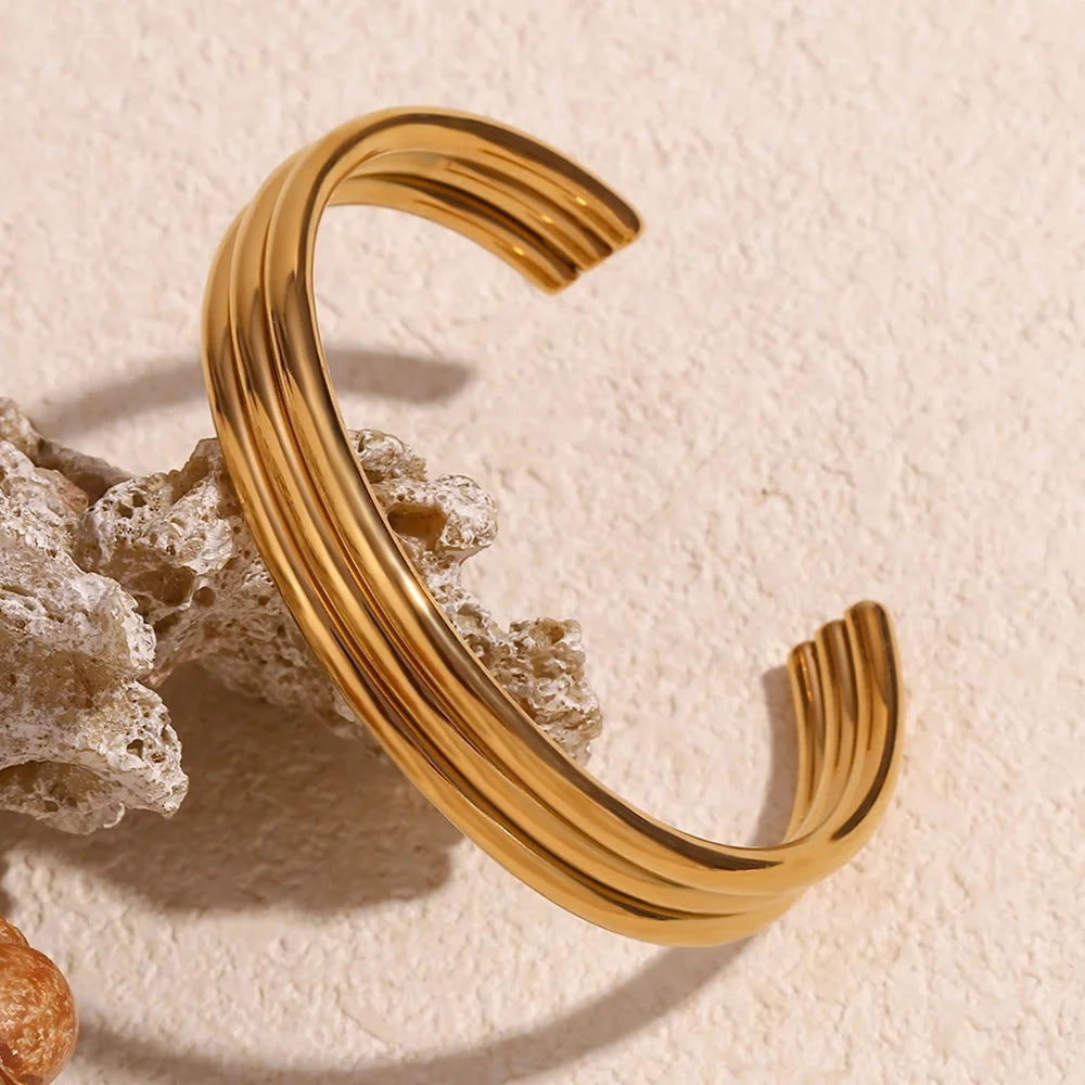 Multilayer Hollow Tube Gold-Plated Stainless Steel Cuff Bangle Waterproof Titanium Jewelry Fashionable Accessory