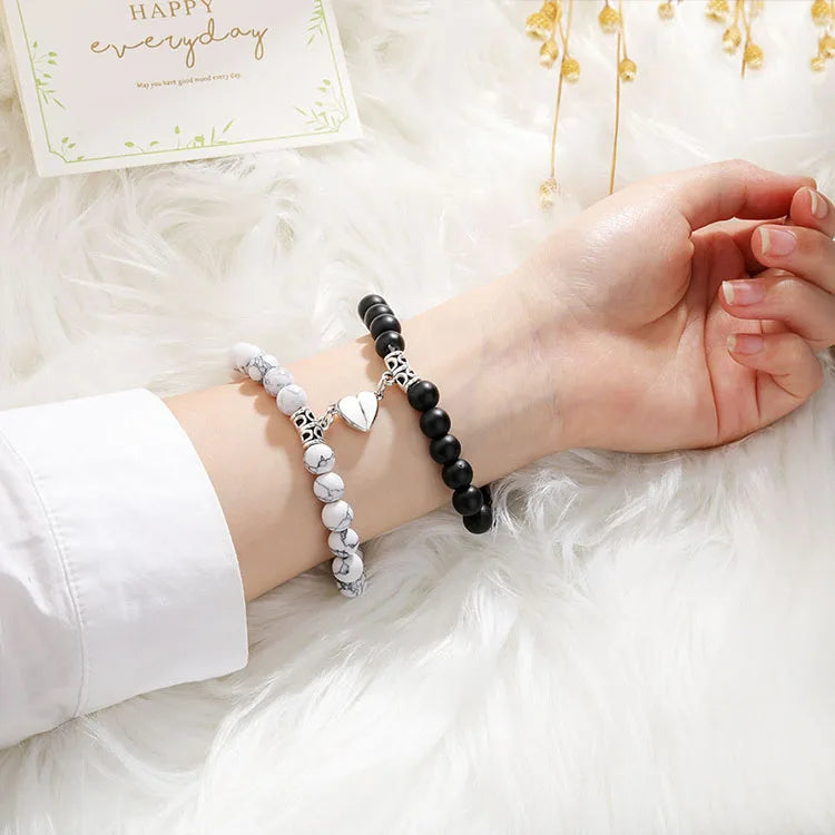2Pcs/Set Natural Stone Friendship Yoga Beaded Heart Lovers Bracelet Sets Jewelry Magnet Attract Love Couple Magnetic Bracelet
