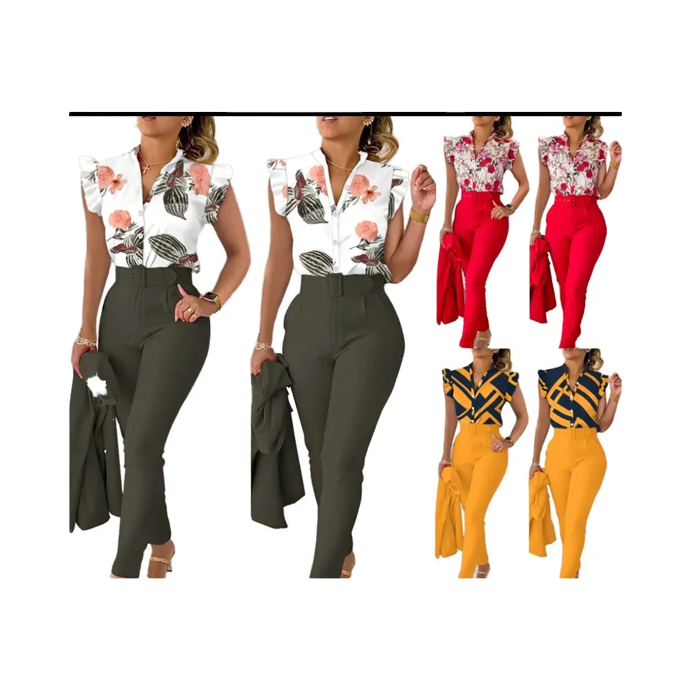 Fashion Ladies Office Suits Blouse and Pants Set Elegant Print Women's Shirt and Pants Set Two Piece Outfits for Women