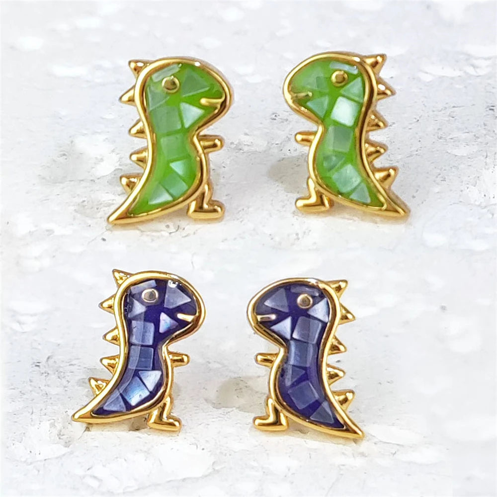 925 Sterling Silver Mother of Pearl Shell Earrings Handmade Seashell Studs 18k Gold Dinosaur Shape Earrings for Girls Birthday