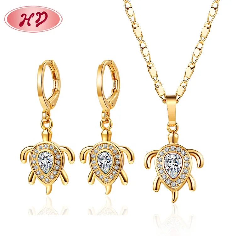 18 Carat Gold Plated 3 Piece Jewelry Set Cubic Zirconias Cz Turtle Pendant Necklace Jewellery Sets for Women