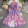 French Printed Chiffon Dresses for Women New Loose Elegant Long Midi Casual Summer Autumn Spring-Breathable Woven with Crew Neck