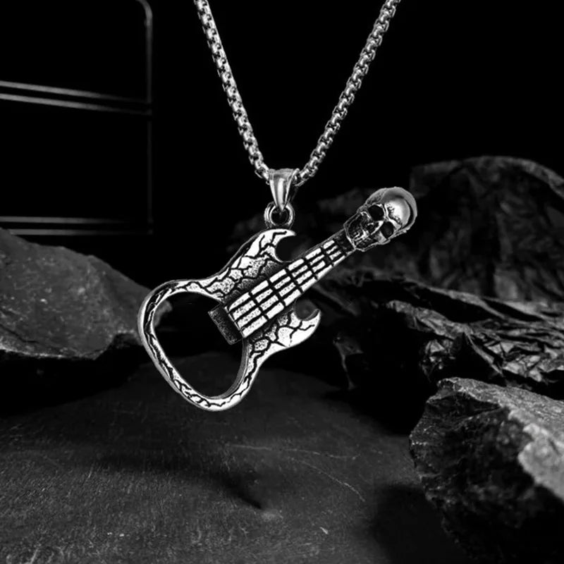 Vintage Skull Guitar Bottle Opener Men's Pendant Necklace Hip Hop Fashion Accessories Wholesale