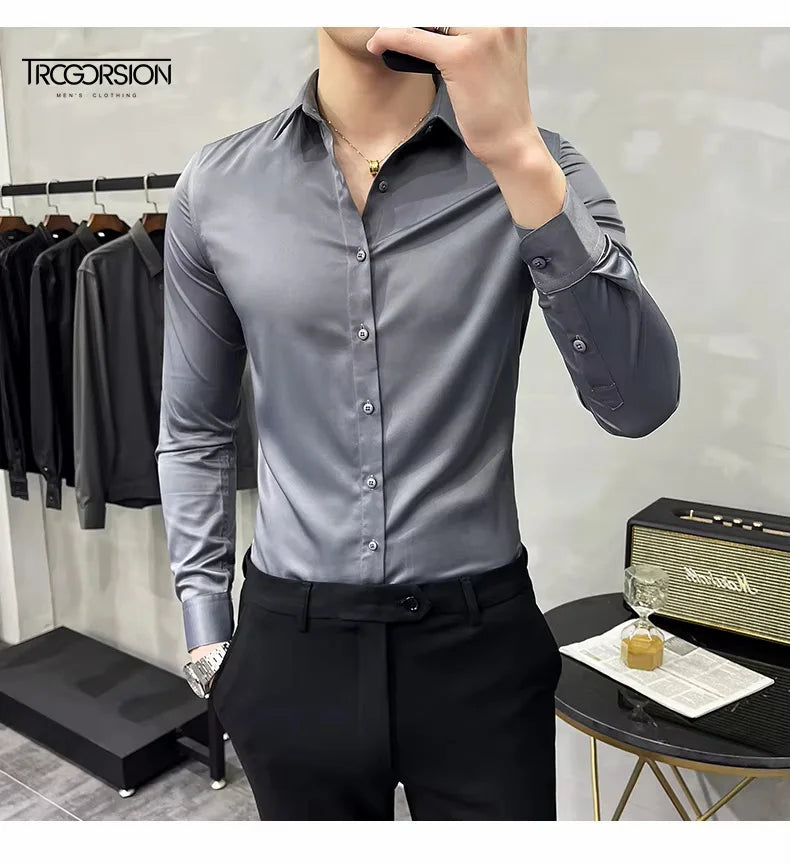 Men's Classic Slim-Fit White Dress Shirt Polyester Wrinkle-Resistant  Breathable Business Solid Color Formal Shirts