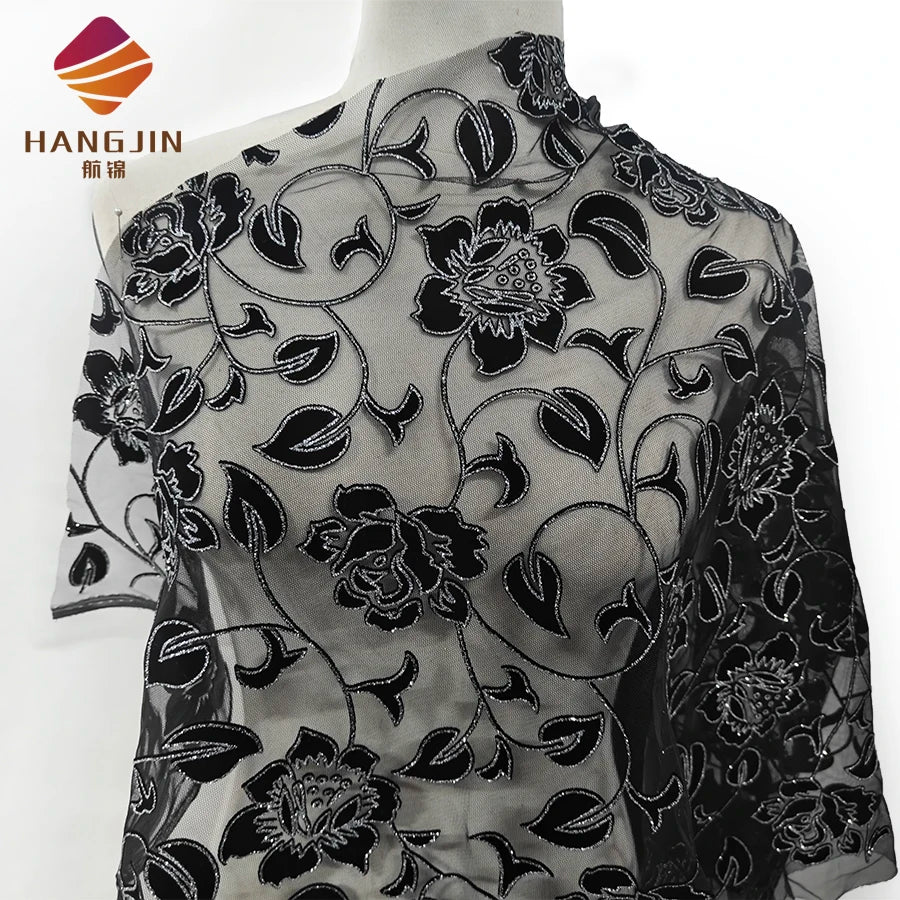 Black Flocked Floral Tulle Lace Fabric Flocking Velvet Burnout Flower Printing Polyester Mesh Fabric with Glitters for Costumes