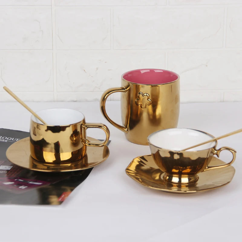 Ceramic Rose Gold Plated Teacup Cappuccino Coffee Cup with Saucer Coupelle Golden High-class Mugs  Middle East Style Tableware