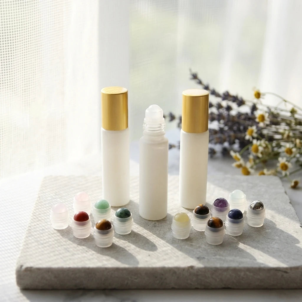 Matte White 10ml Cosmetic Packaging Essential Oils Bottle Cylinder Glass Roll-on Bottles with Gem Stone Roller and Screw Cap MegaBDM