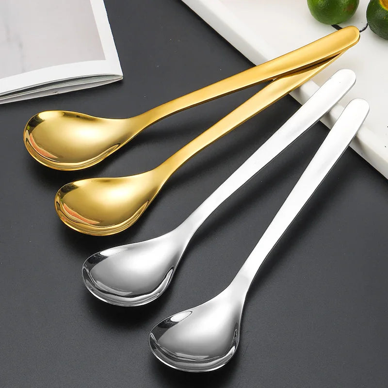 Japanese Style 18cm Long Handled Coffee Tea Spoon Set Stainless Steel Flatware Mirror Dessert Spoons Silver Gold Color for Gifts