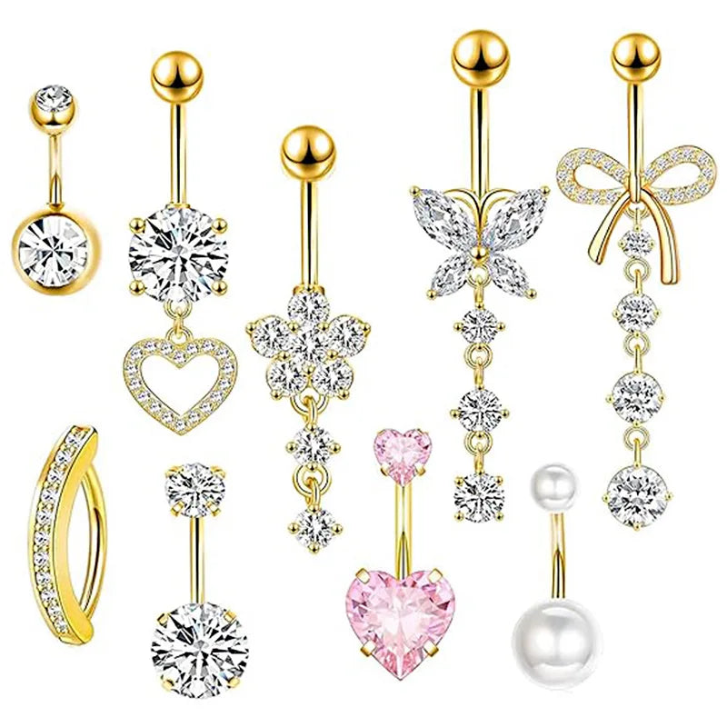 9 Pcs/set Stainless Steel Pendant Inlay Zircon Belly Rings Body Piercing Jewelry Set Navel Ring Belly Button Ring