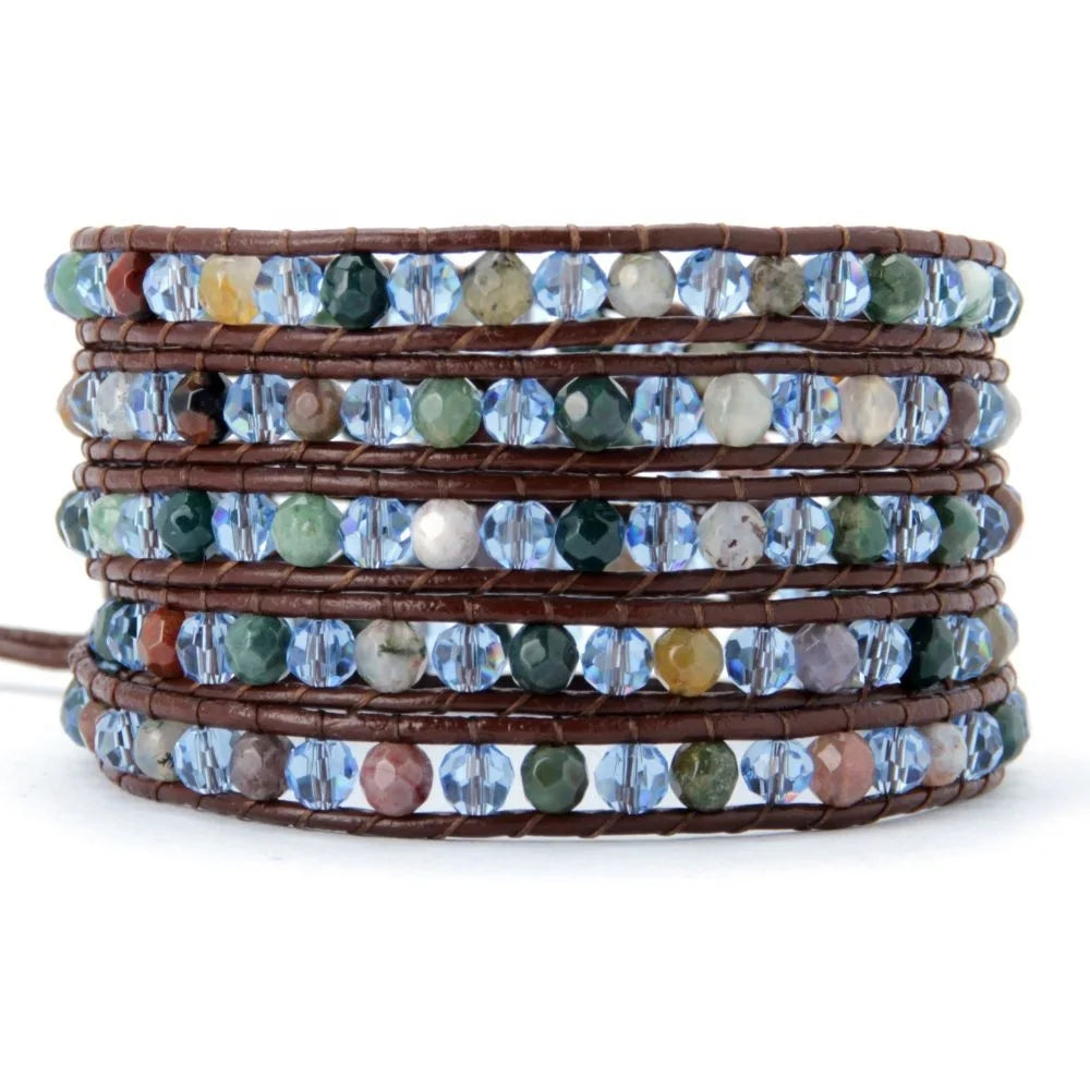 2026 Spring Collection Women's Boho Fashion Bracelet Energetic Crystal Beads on Leather Wrap Cuff Bangle