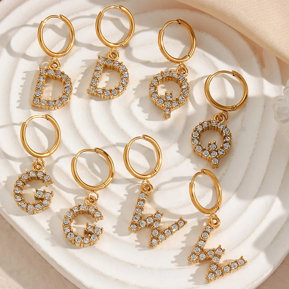 Classical Zircon Paved Initial Letter Earrings Stainless Steel Charm Hoop Earring Gold Plated Jewelry
