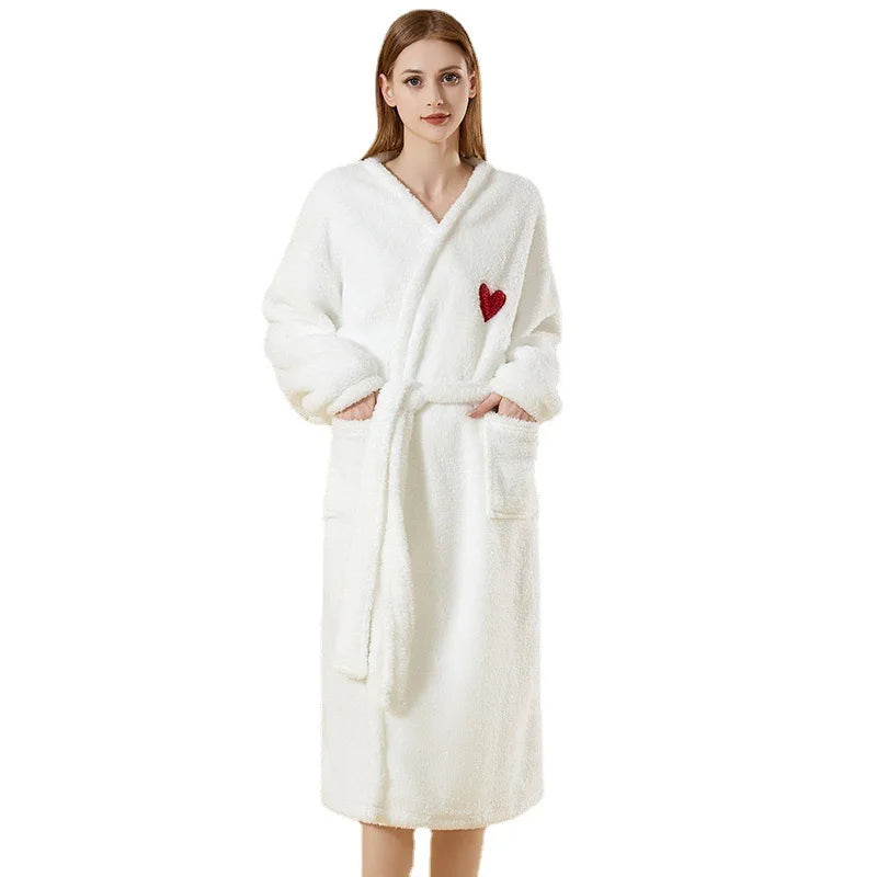 Premium Women's Elegant V-neck Drawstring Closure Knee-Length Winter Plush Soft Fluffy Fleece Sherpa Shaggy Robe Sleepwear