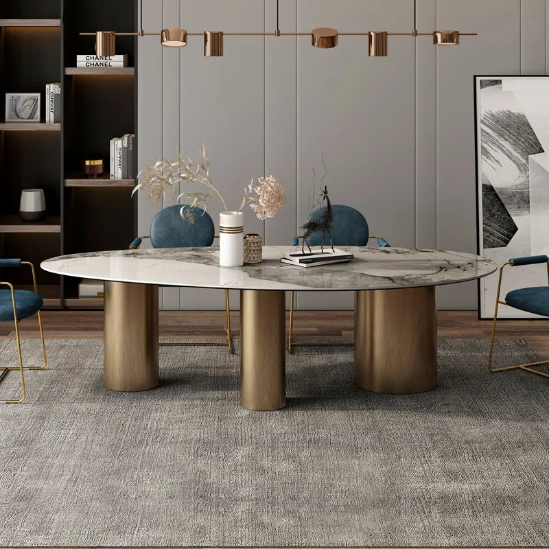 Nordic High Luxury MDF Rock Plate Top Table With Gold Pedestal Legs for Dining Room Restaurant Dining Table