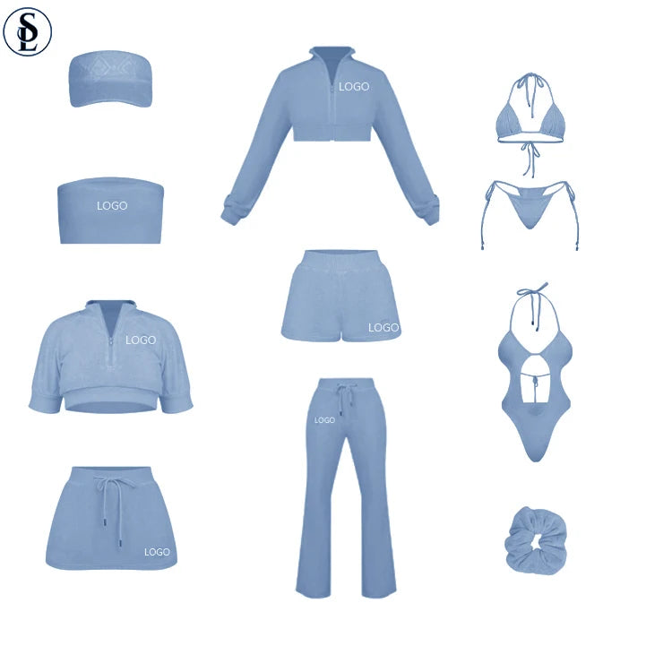 Terry Towel Clothing Custom Logo Jacket and Pants Tracksuit Shirts Short Set Loungewear Terry Towel Tracksuit Set Women