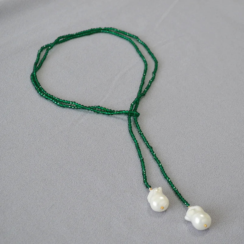 Vintage Emerald Faceted Crystal Bead Beaded Necklace for Women Adjustable Baroque Pearl Pendant Necklace