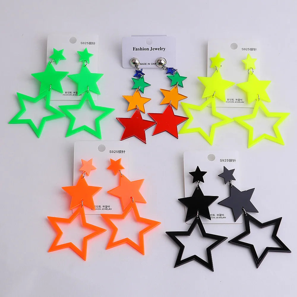 Occident  Exaggerated Large Jewelry Color Hollow Acrylic Five Pointed Star Fringe Earrings