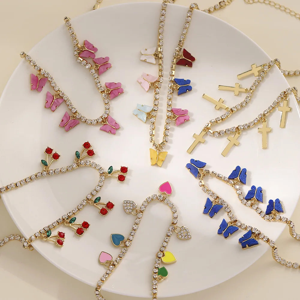 Wholesale Rhinestone Crystal Chain Choker Necklace Jewelry Red Cherry Heart Cross Butterfly Pendant Necklace for Women