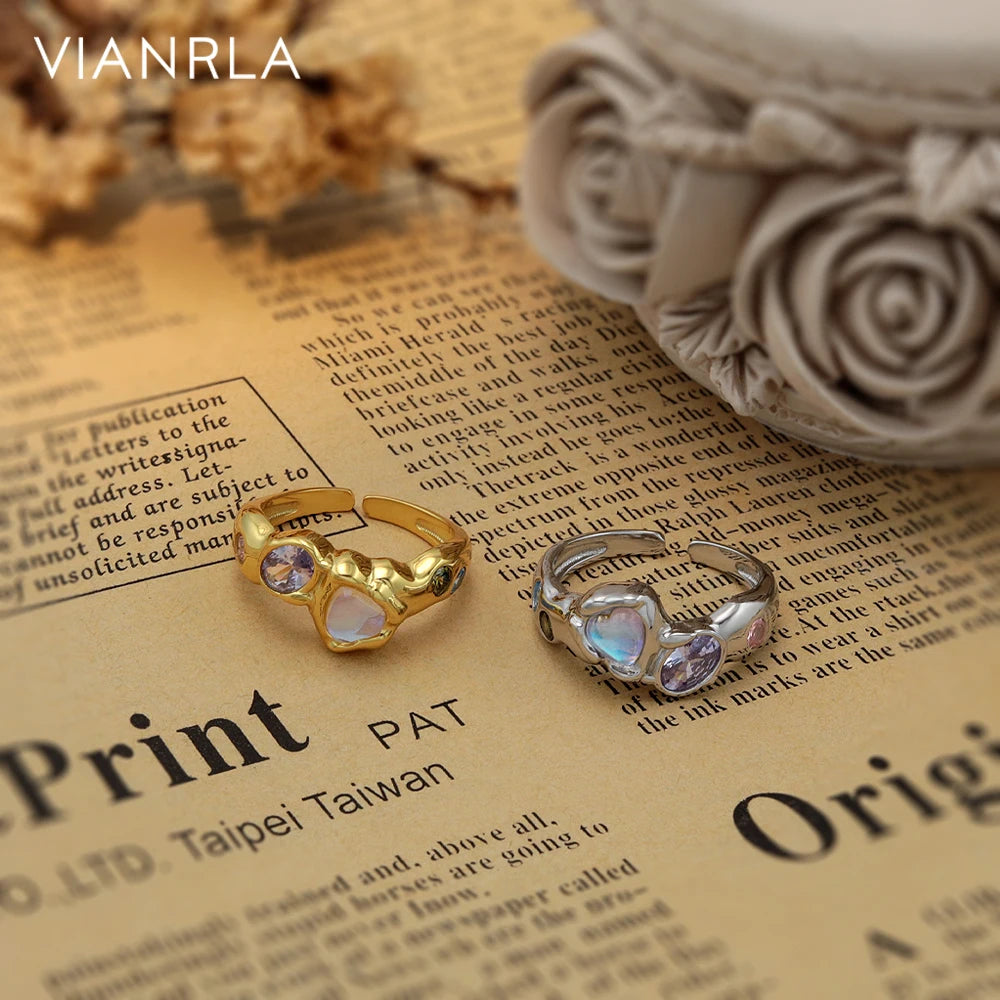 VIANRLA 925 Sterling Silver Ring Colored Zircon Heart Ring 18K Gold Adjustable Ring for Women Jewelry Gifts Wholesale