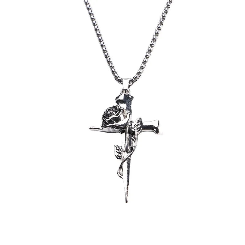 Universal Retro Rose Cross Nail Necklace Unisex Stainless Steel Fashion Pendant Luxury Light for Men Women Mainly