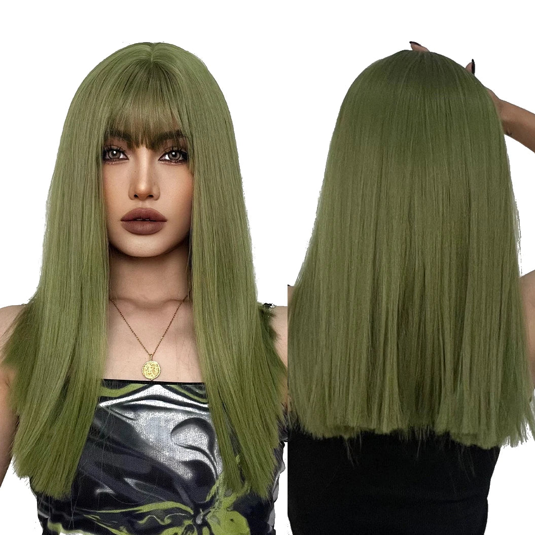Wigs Factory Price Synthetic Medium Long Straight Green Wig For Women Cosplay Daily Party Wigs Heat Resistant False Hair
