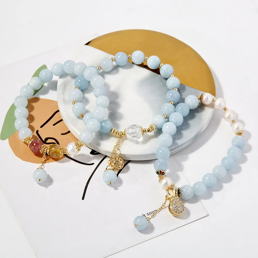 Lucky Charm Jewelry Blue Natural Stone Beads Aquamarine Adjustable Healing Crystal Bracelets for Women Ladies