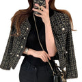 Wholesale 2026 Autumn Retro Round Neck Edge Pearl Button Design Thousand Bird Checker Long Sleeve Women's Set