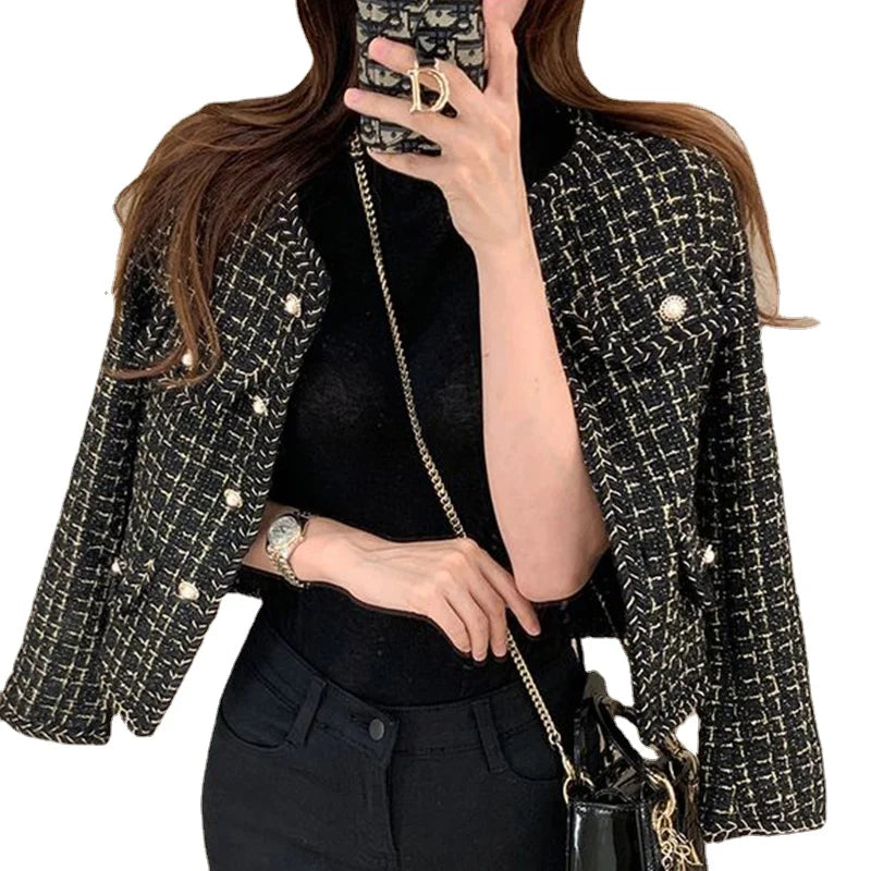 Wholesale 2026 Autumn Retro Round Neck Edge Pearl Button Design Thousand Bird Checker Long Sleeve Women's Set