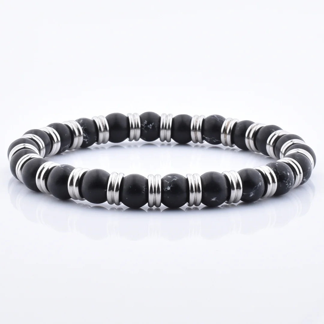 Hot Sale Trendy Stainless Steel Couple Stone Black Turquoise Silver Beaded Bracelet-Gift