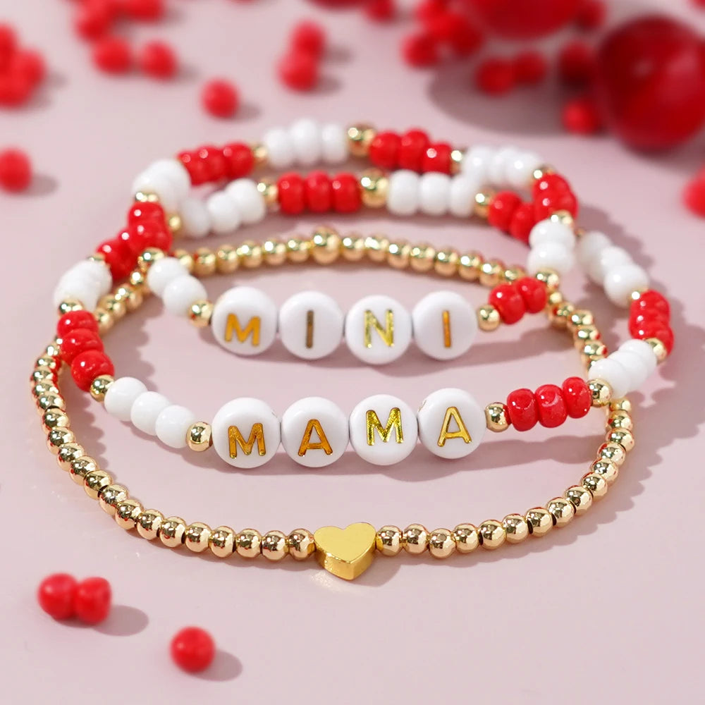 Go2boho Handmade Gold Plated Glass Bead Mom Daughter for Bracelet Set Elastic MAMA Letter Jewelry Anniversary Gift for Women