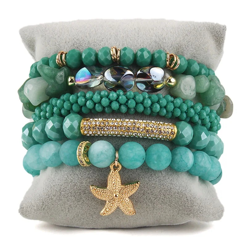 Fashion Custom Women Jewelry 5pcs Gemstone Crystal Glass Bracelet Sea Star Charm Stack Bracelet Set