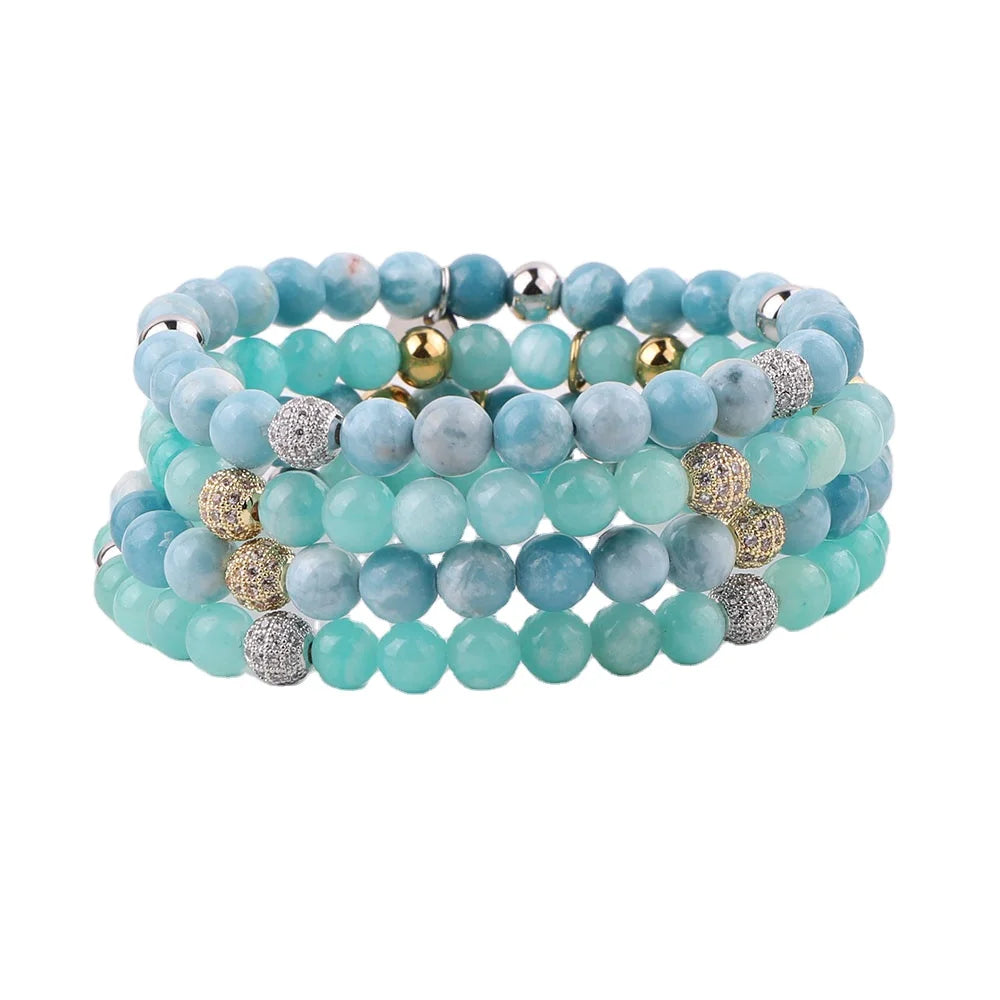 New Fashion Natural Stone Clear CZ Ball Stainless Steel Beaded Elastic Gemstone Bracelet Women JBS12365