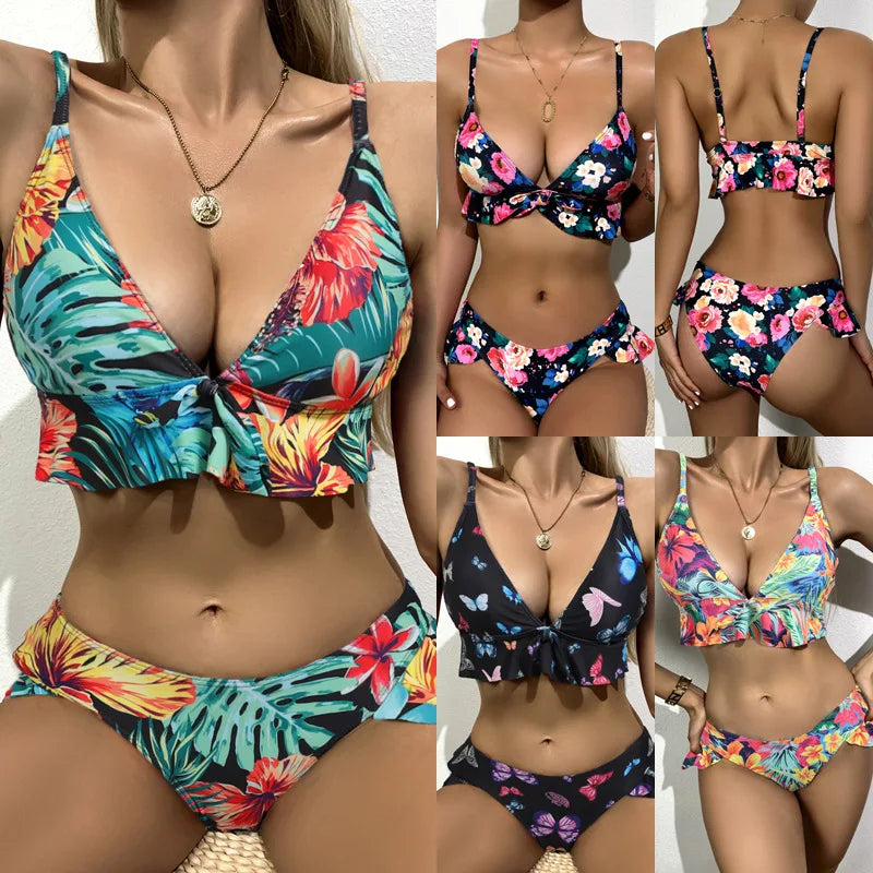 New Fashion Hot Girls Ruffle V Neck Top & Panty Swimsuit Bathing Suit 2 Piece Nylon White Swimwear Swimsuits