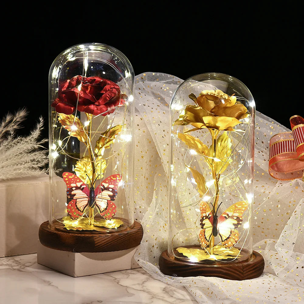 Beauty LED Light up Preserved Artificial Rose Flower Gift for Mothers Valentines Day Birthday Forever Eternal Rose in Glass Dome