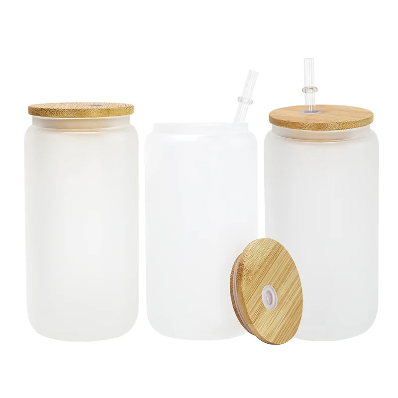 US Warehouse RTS 50pcs/ctn 16oz Glass Can Frosted Sublimation Glass Tumler Mugs with Bamboo Lid and Plastic Straw