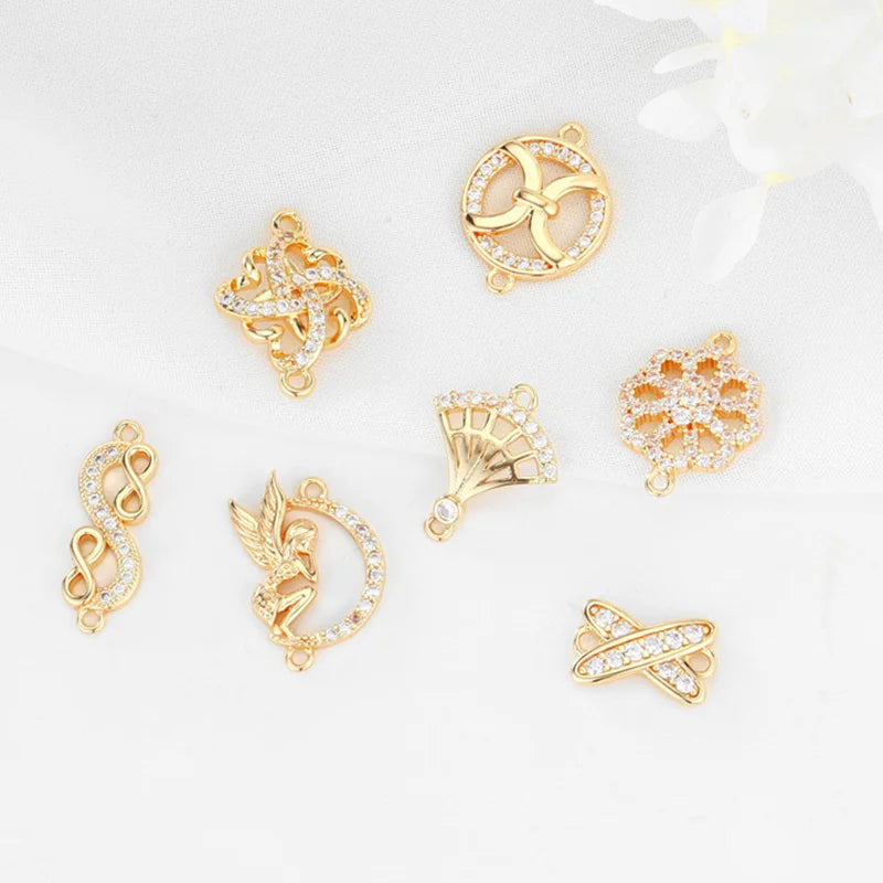 Wholesale 14K Brass Gold Plated Zircon Angel Shaped Fan Diamond DIY Jewelry Making Charms Double Hole Bracelet With Pendant
