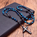 Class a Blue Tiger Eye Onyx Catholi Christ Rosary Bead Long Necklaces for Men Hematite Cross Pendant Necklace Meditation Jewelry
