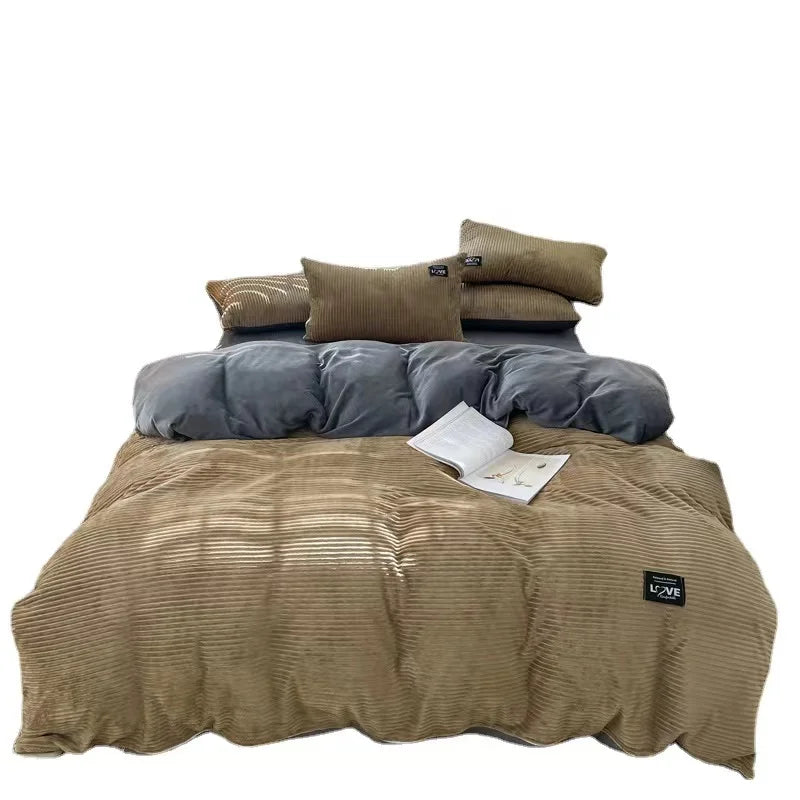 YongHo Modern Japanese Korean Coral Velvet 5 Star Hotel Flat Sheet Duvet Cover 4 Piece Bedding Set for Bedroom