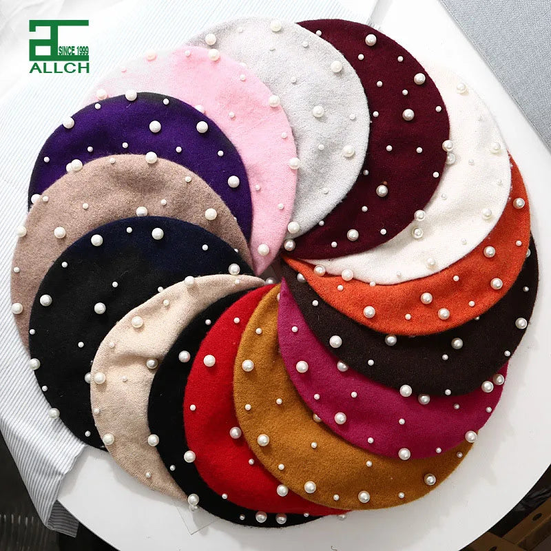 ALLCH RTS Autumn Winter Wholesale Fashion Pearl Beret Women Pearls Black Beret Cap Imitate Wool Wool Felt Beret Hat for Women