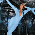 Women Blue Long Sleeve Playsuit Black Bodycon Jumpsuit Tight Romper Mono Calzas Deportivas Mujer