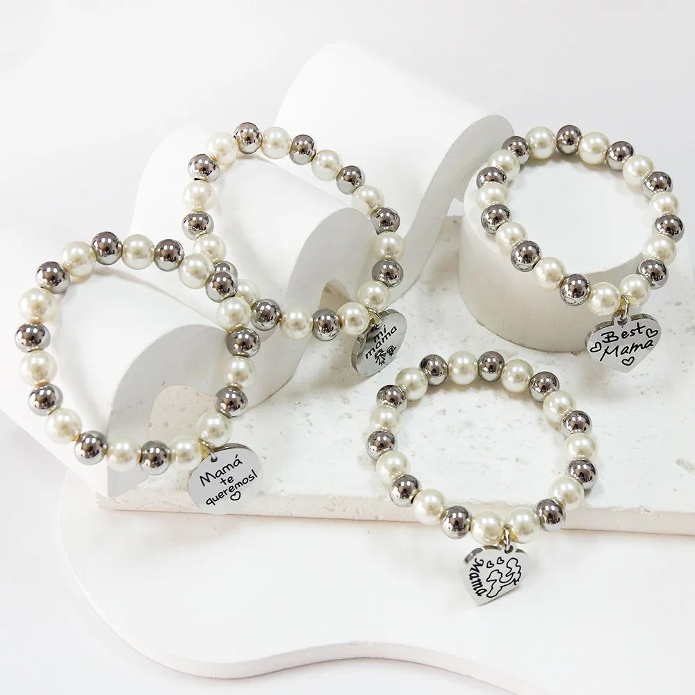 2023 Custom Stainless Steel Bracelets Personalized Pearl Steel Bead Charms Trendy Wedding/Anniversary Mother's Day Gift Jewelry