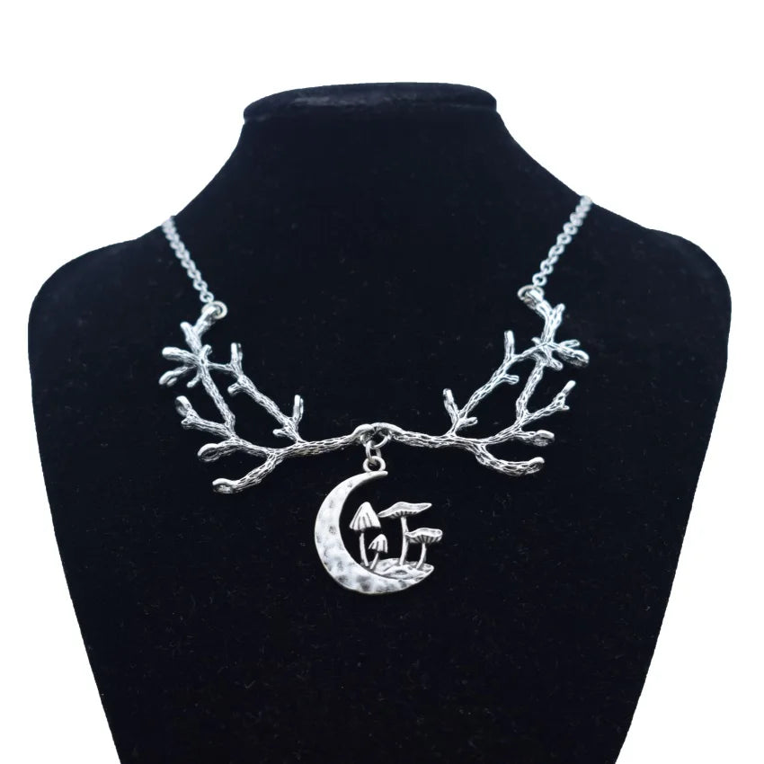 Magic Wiccan Mushroom Necklace Antler Branches Necklace Witch Fantasy Forest Jewelry