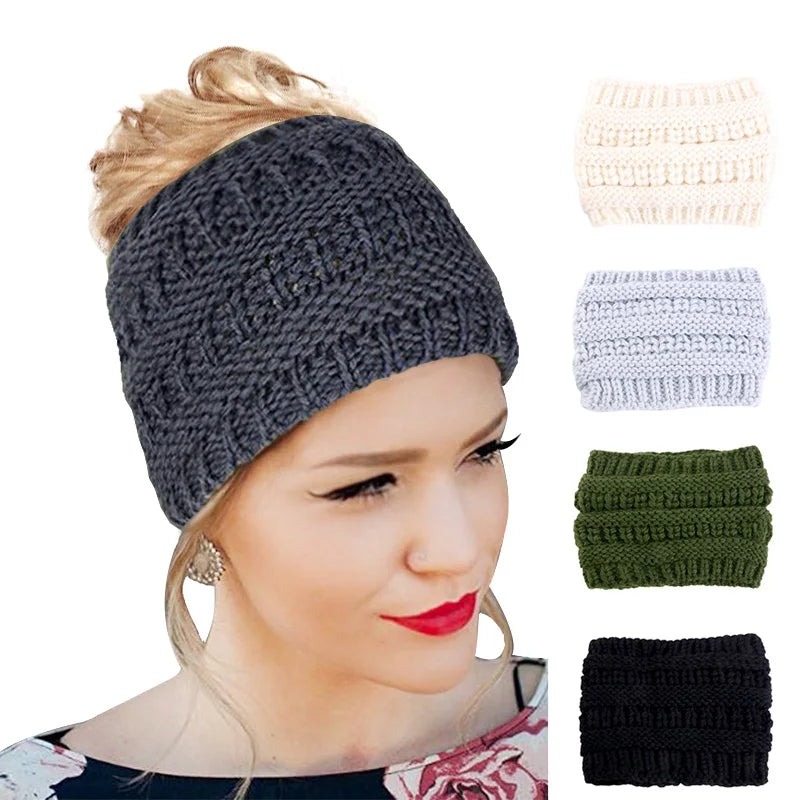 Knit Headbands Ponytail Hole Hair Band Ear Warmer Head Wraps Cable Hairband Knitted Headbands Women Winter