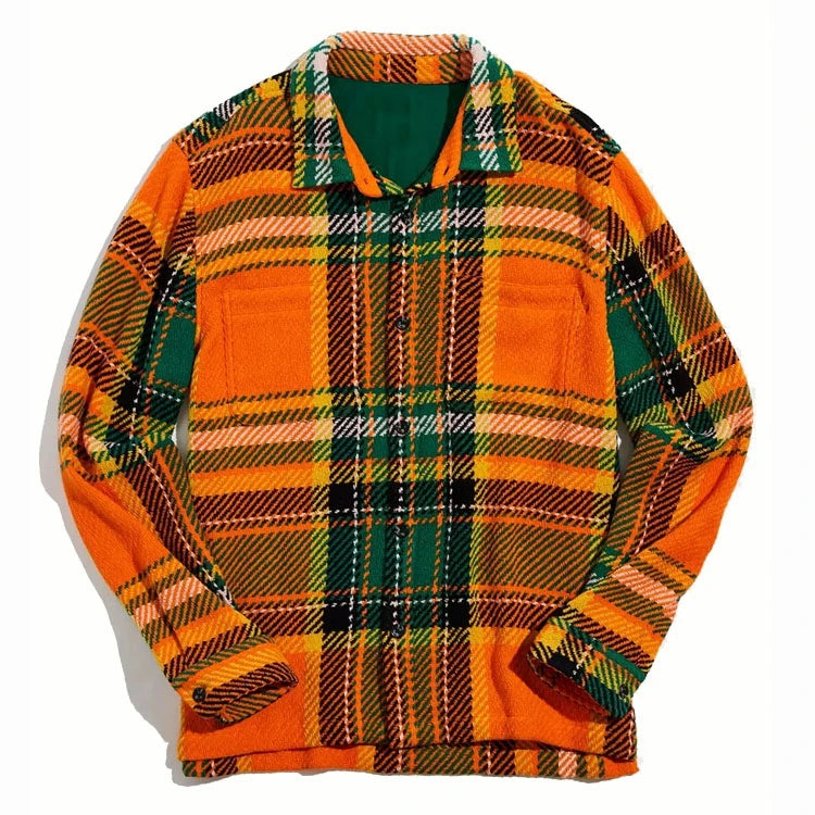 OEM Custom Mens Orange Plaid Shirt Jacket Flannel Tweed Men Overshirt With Two Patch Pockets