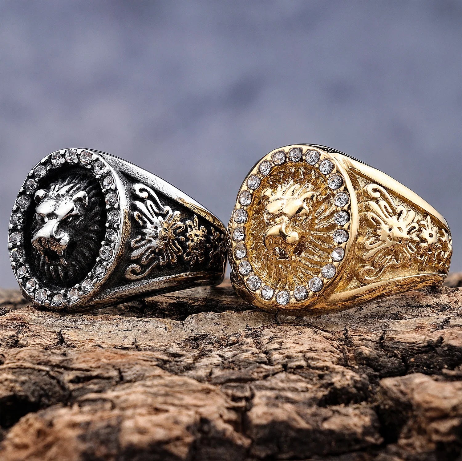 Ready to Ship Stainless Steel Gothic Style Gold Crystal Lion of Judah lion Head Signet Animal Rings for Men Women Size 7-15